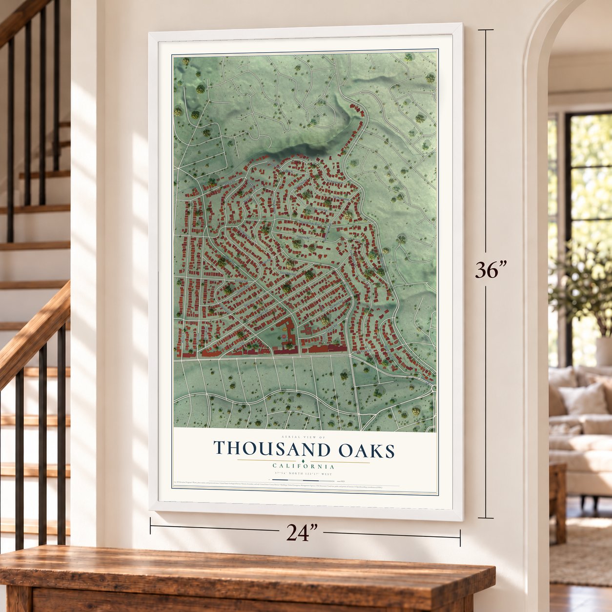 Thousand Oaks, Berkeley, California map, 24 x 36 inch print in a white frame by a staircase