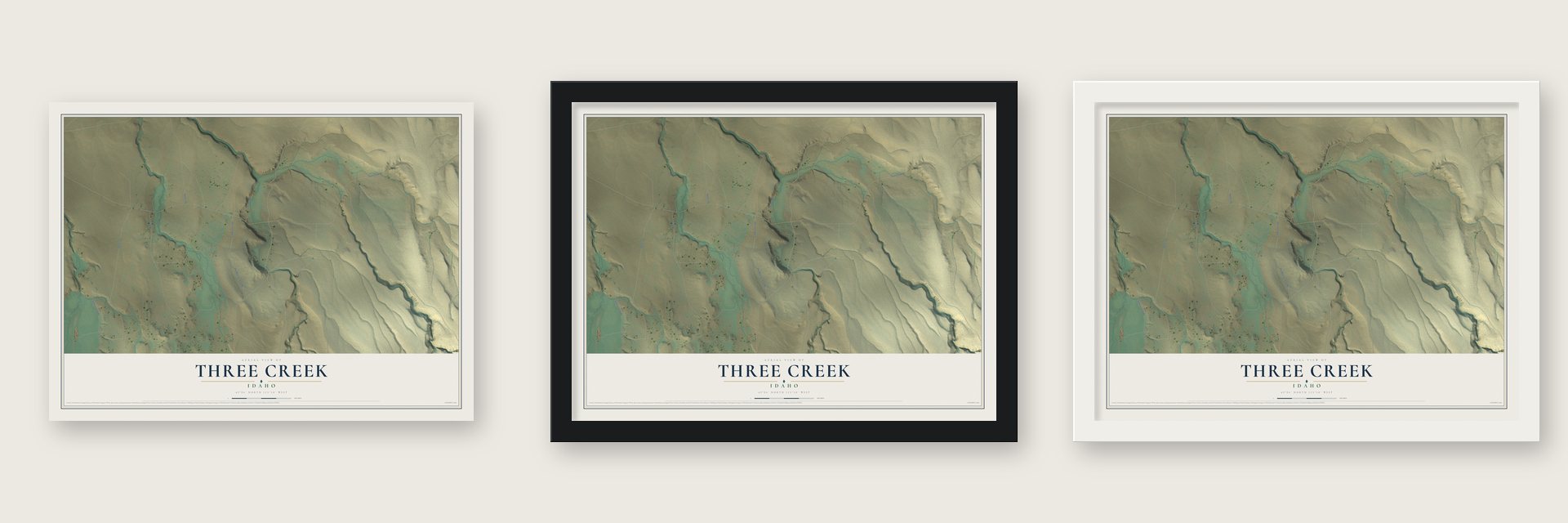 Three Creek, Idaho map unframed, in a black wood frame and in a white wood frame