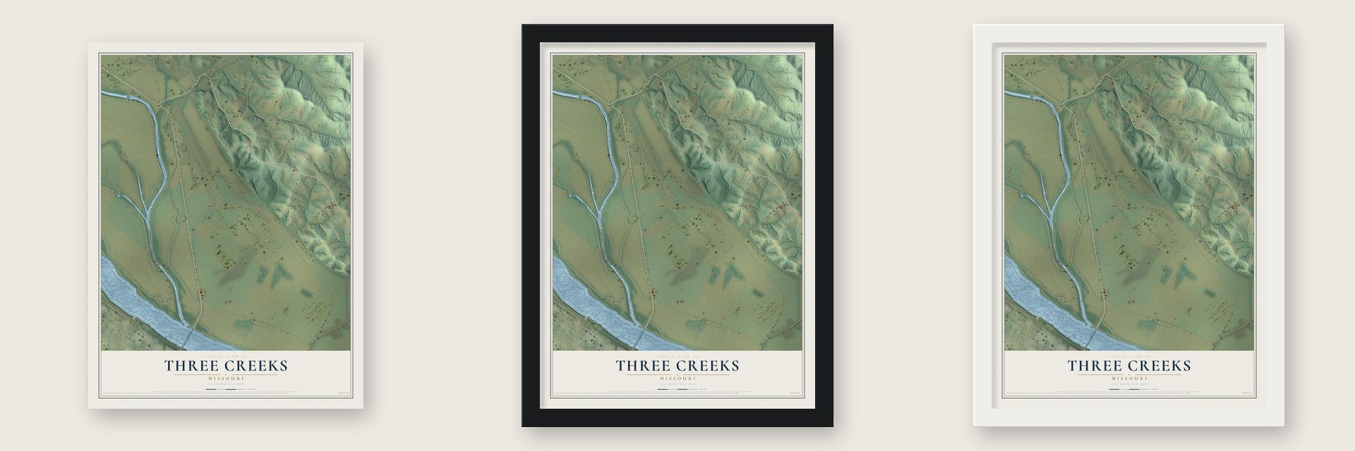 Three Creeks, Missouri map unframed, in a black wood frame and in a white wood frame