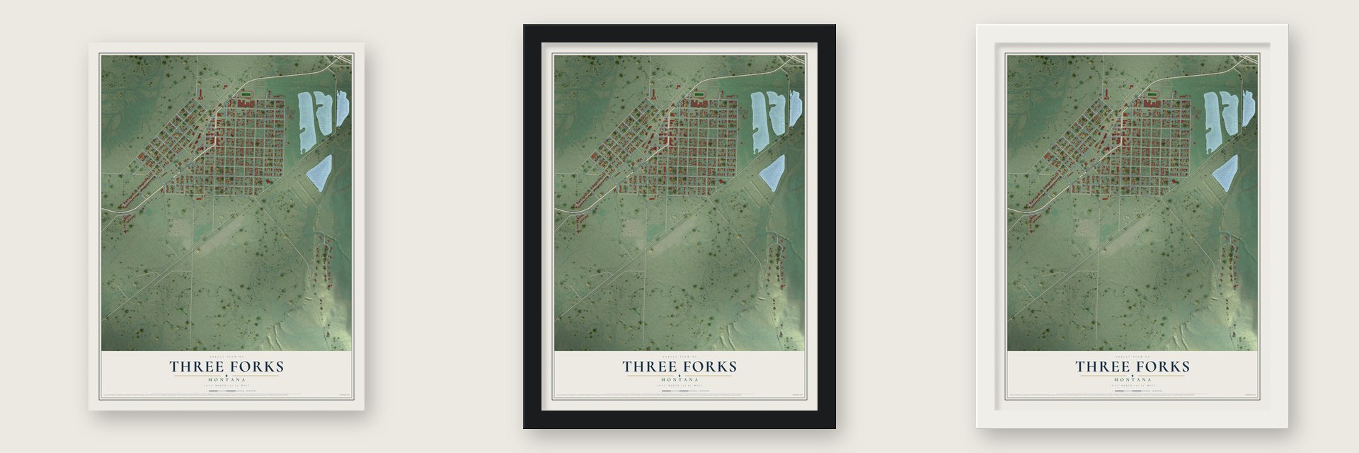 Three Forks, Montana map unframed, in a black wood frame and in a white wood frame