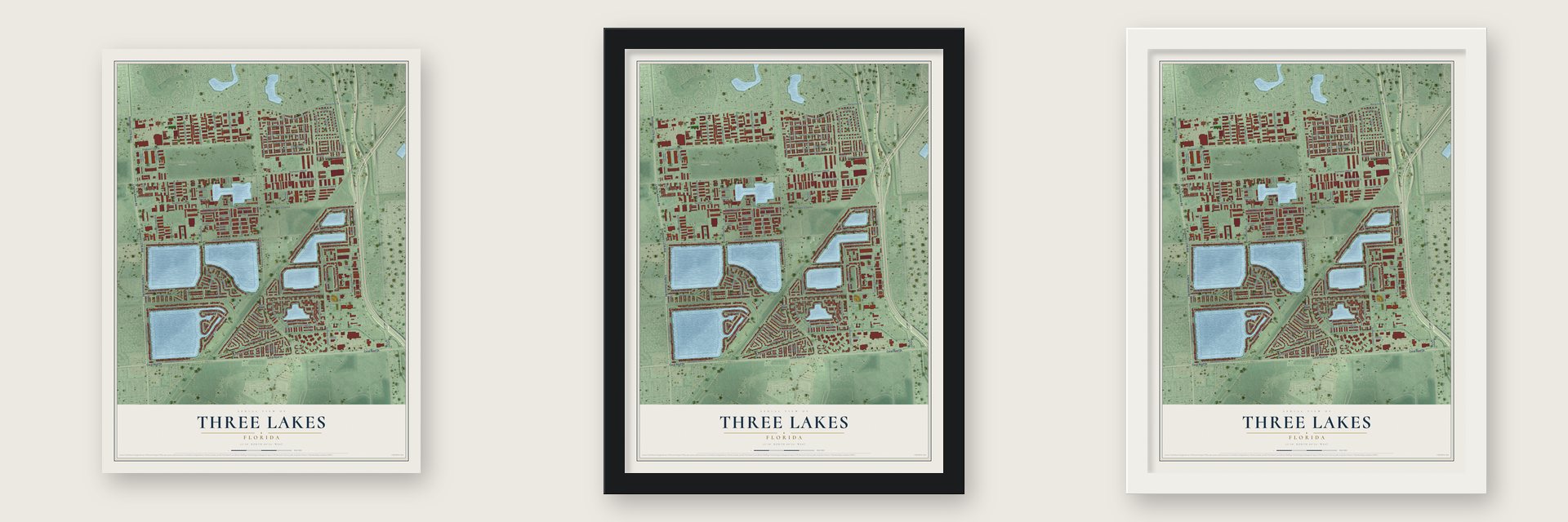 Three Lakes, Florida map unframed, in a black wood frame and in a white wood frame