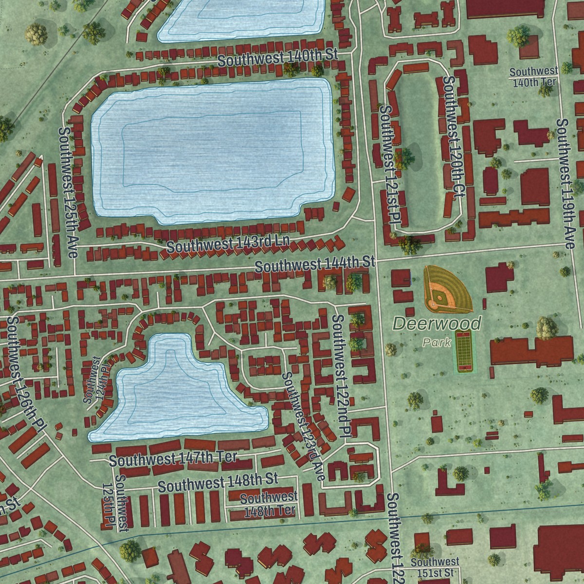 Second close-up of the map of Three Lakes, Florida print showing more streets and buildings