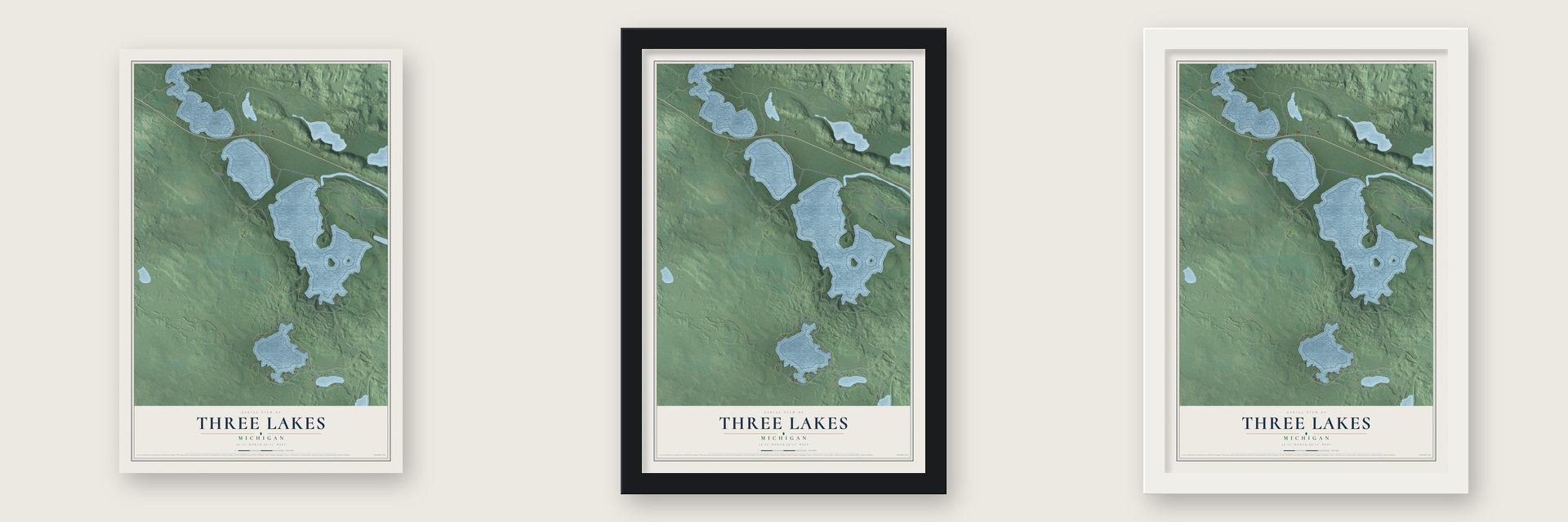Three Lakes, Michigan map unframed, in a black wood frame and in a white wood frame