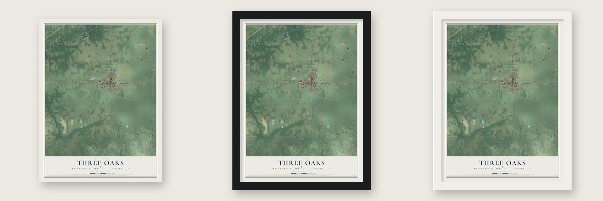 Three Oaks, Berrien County, Michigan map unframed, in a black wood frame and in a white wood frame
