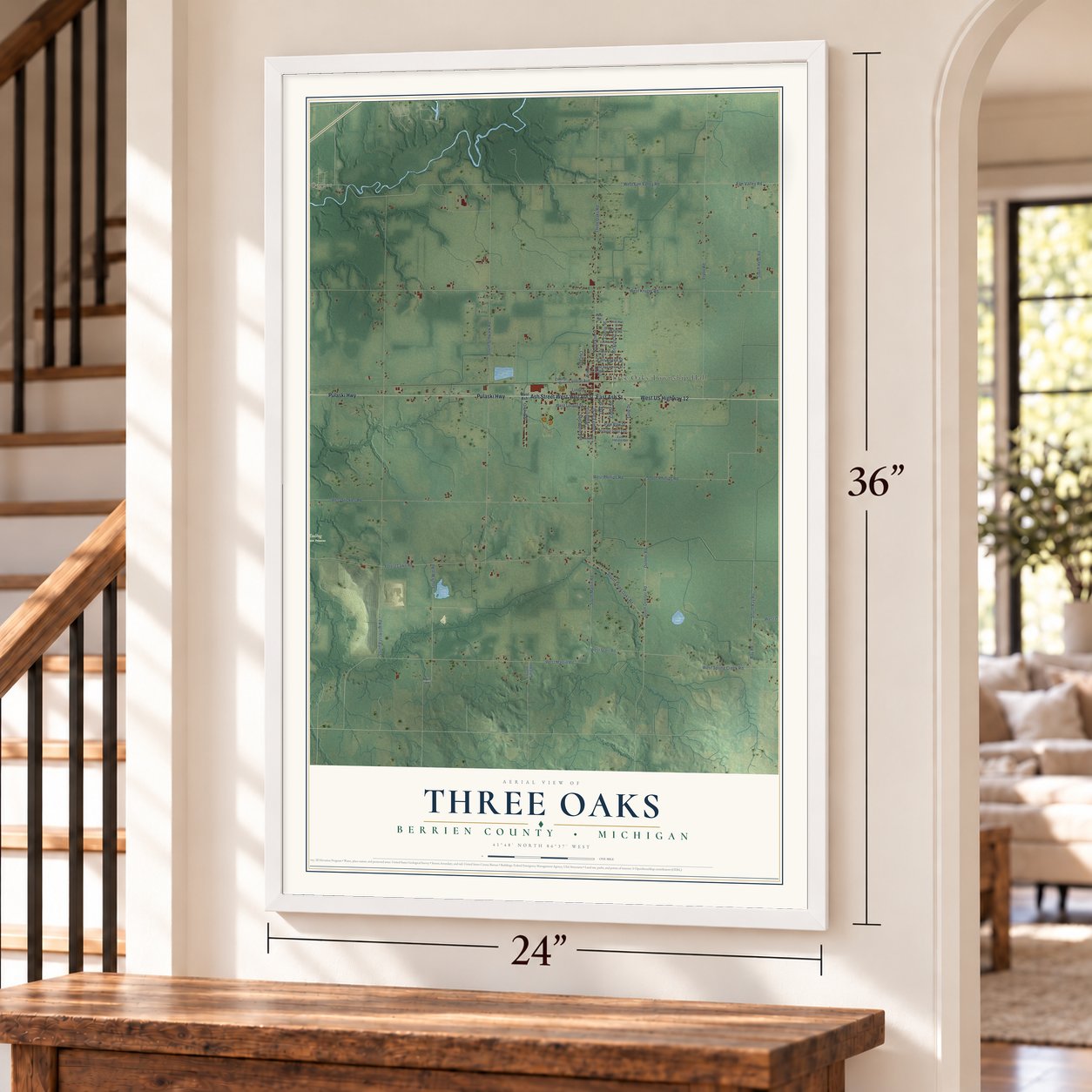 Three Oaks, Berrien County, Michigan map, 24 x 36 inch print in a white frame by a staircase