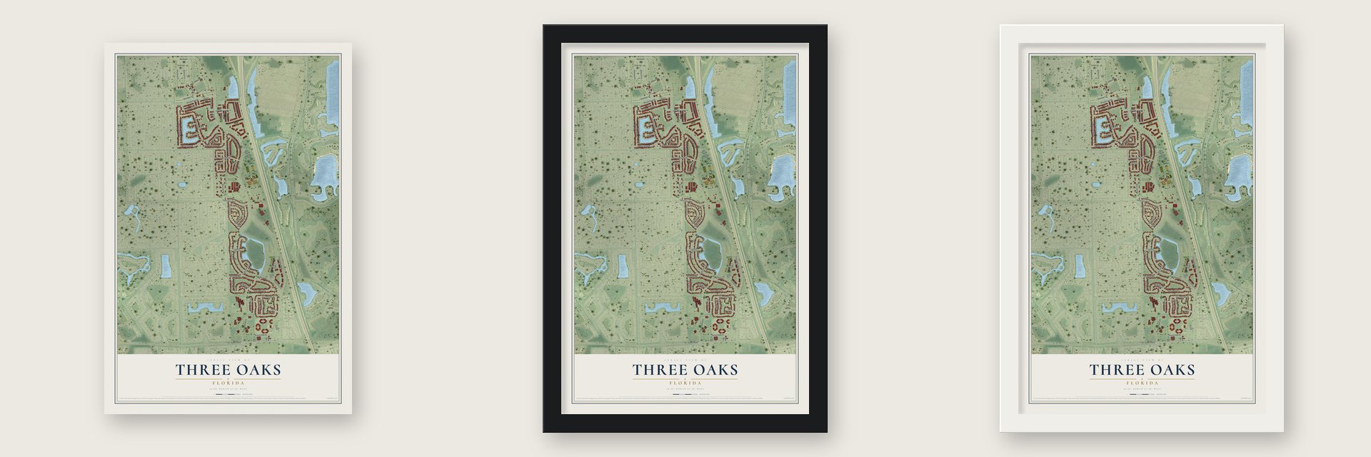 Three Oaks, Florida map unframed, in a black wood frame and in a white wood frame