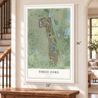 Three Oaks, Florida map, 24 x 36 inch print in a white frame by a staircase