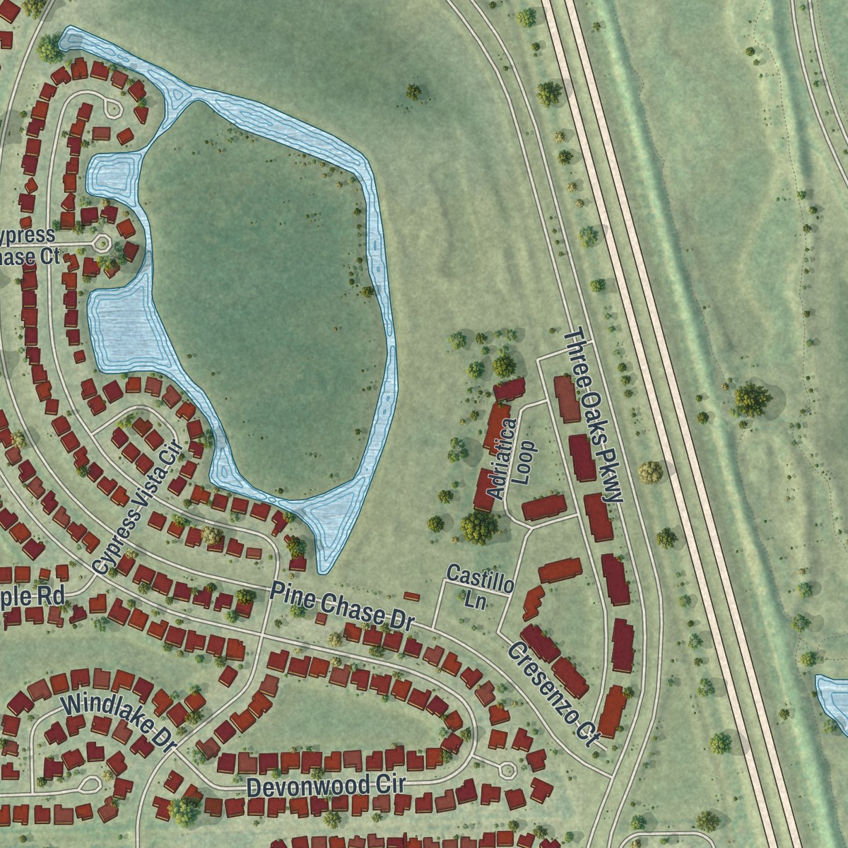 Second close-up of the map of Three Oaks, Florida print showing more streets and buildings