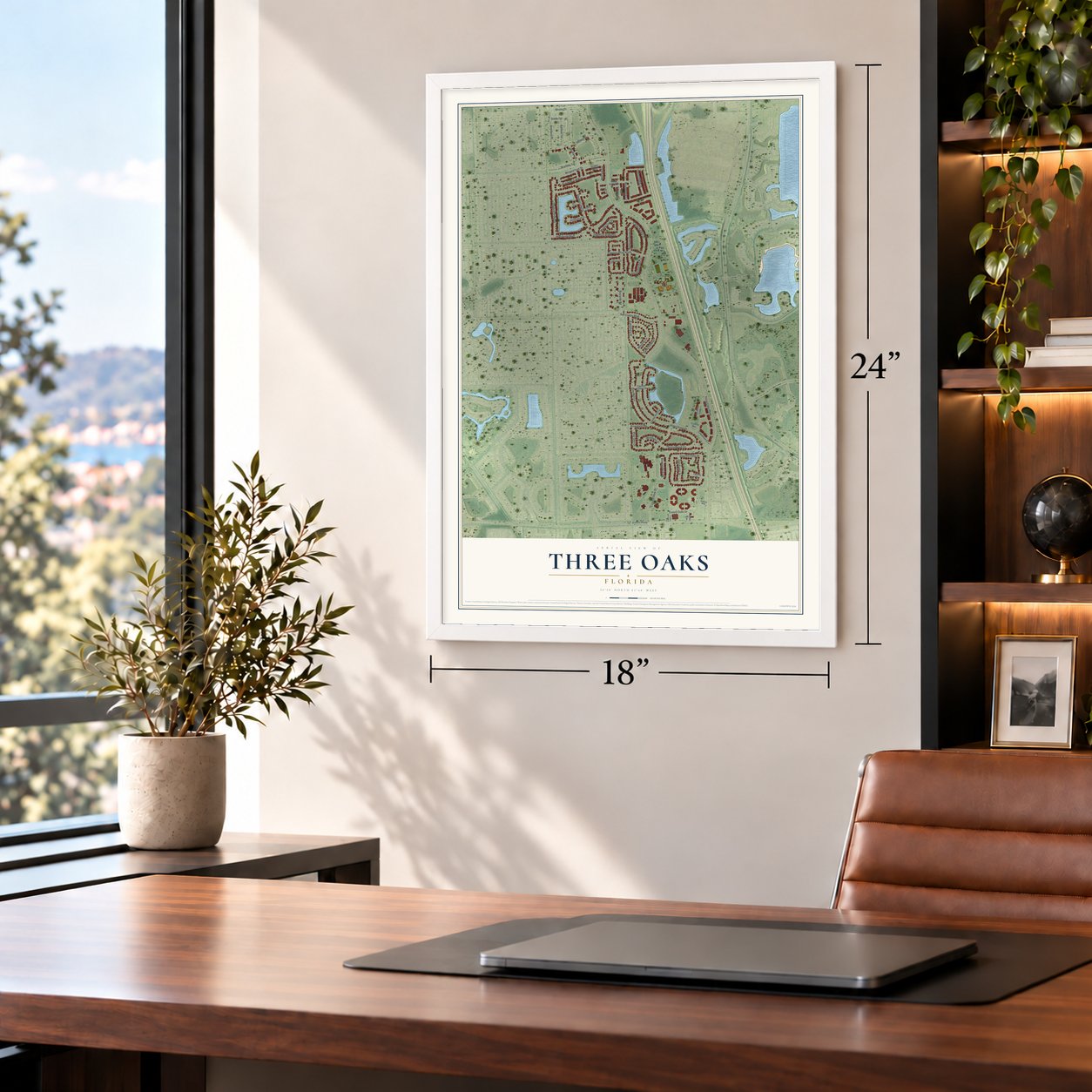 Three Oaks, Florida map, 18 x 24 inch print in a white frame in a home office