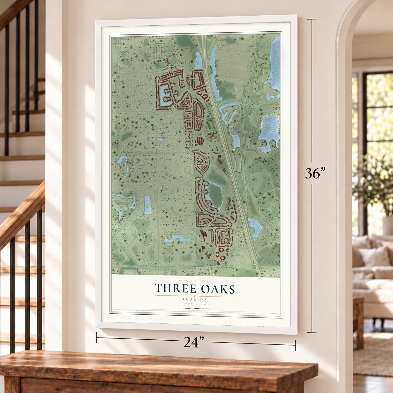 Three Oaks, Florida map, 24 x 36 inch print in a white frame by a staircase