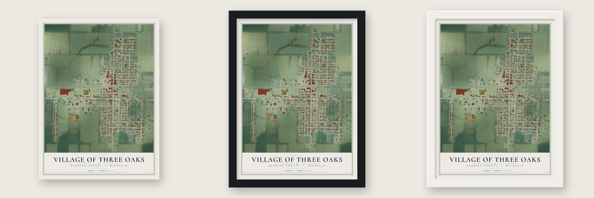 Three Oaks, Michigan map unframed, in a black wood frame and in a white wood frame