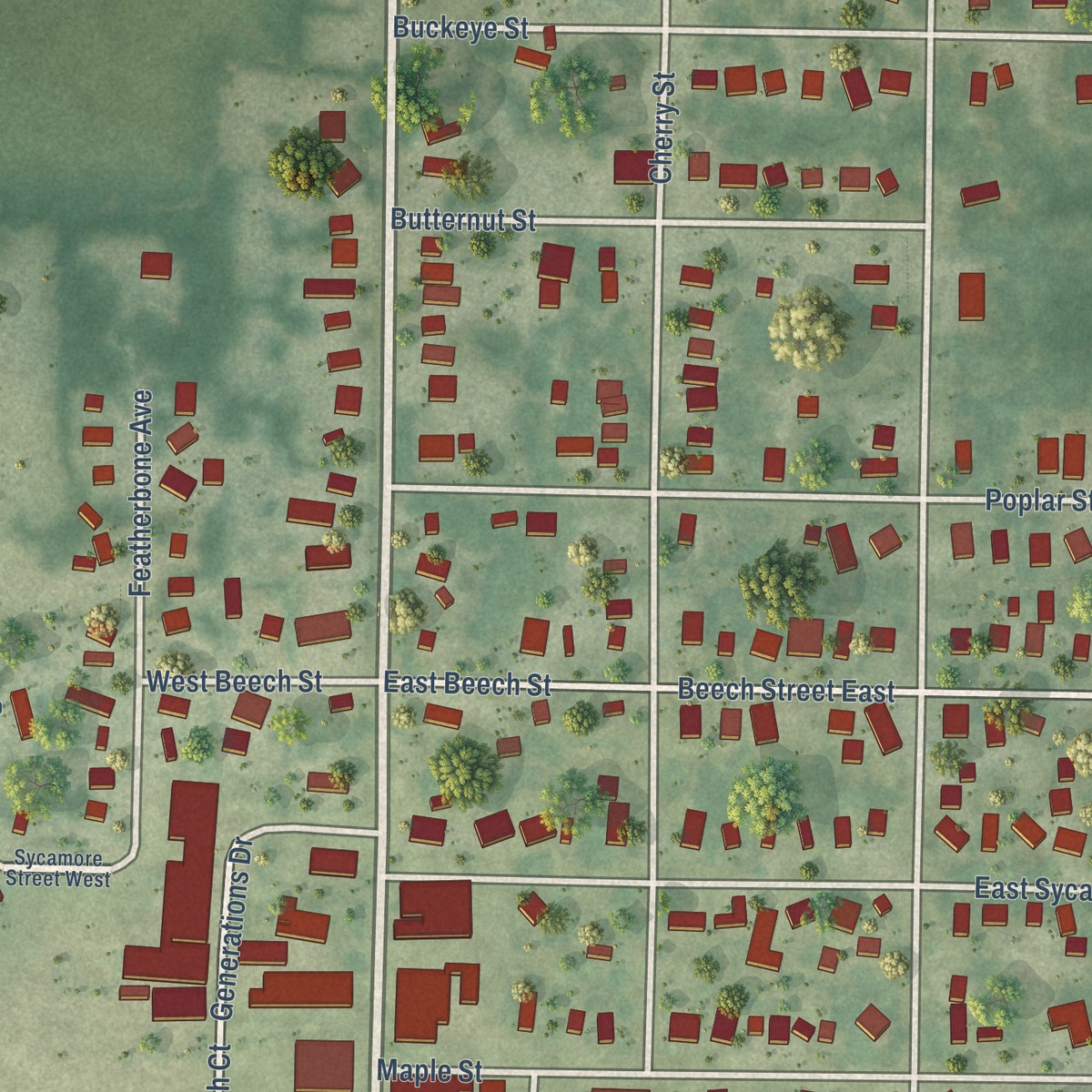 Second close-up of the map of Three Oaks, Michigan print showing more streets and buildings