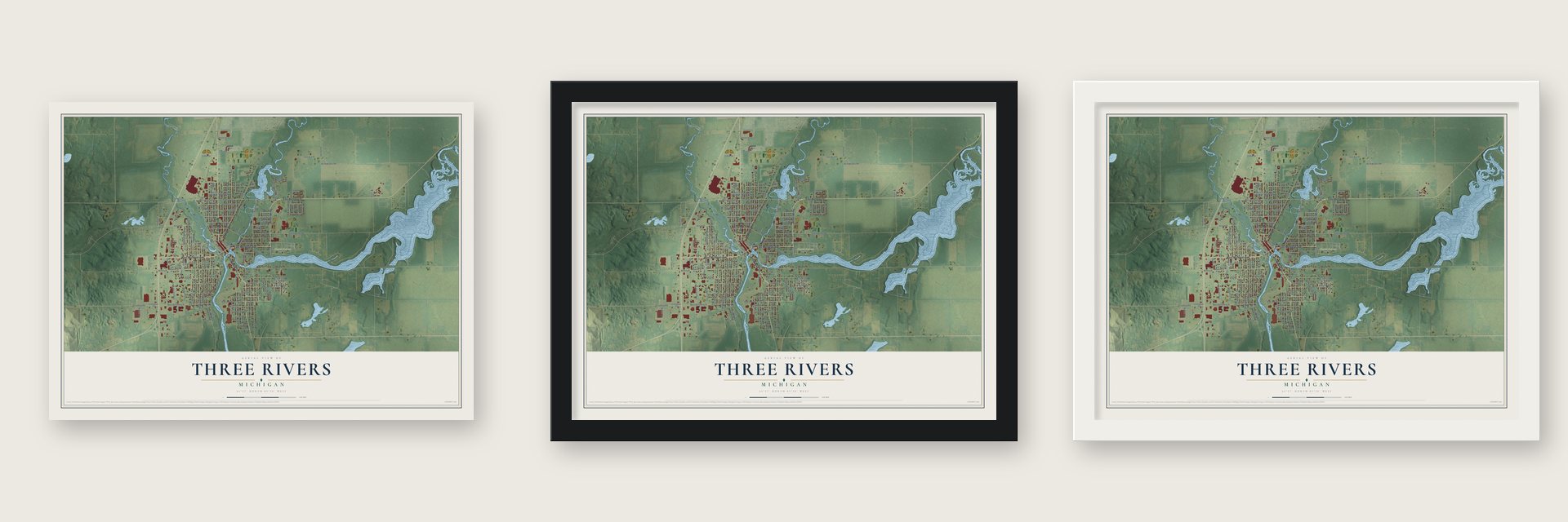 Three Rivers, Michigan map unframed, in a black wood frame and in a white wood frame