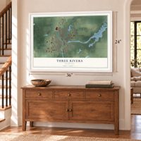 Three Rivers, Michigan map, 24 x 36 inch print in a white frame above a dresser by a staircase