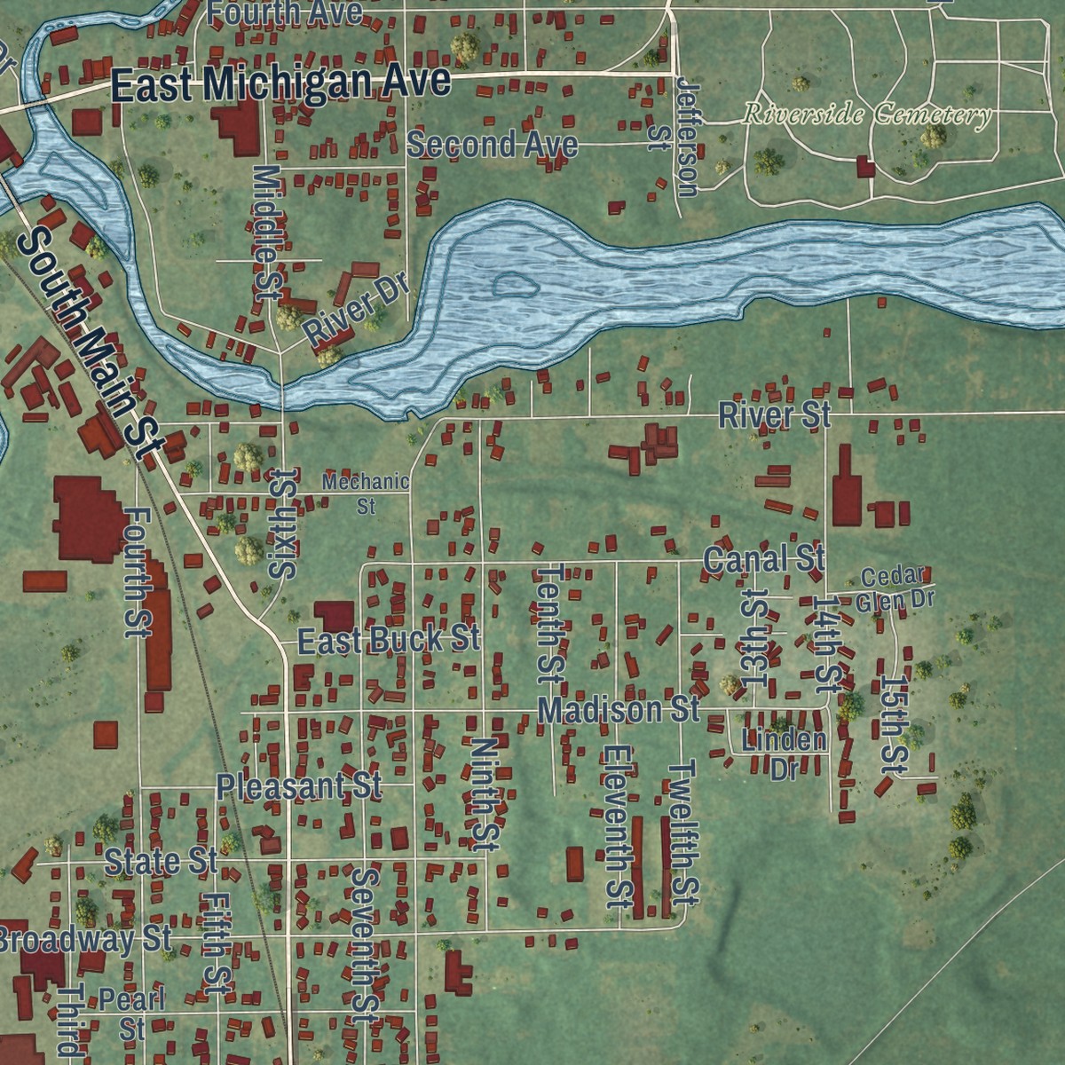 Second close-up of the map of Three Rivers, Michigan print showing more streets and buildings