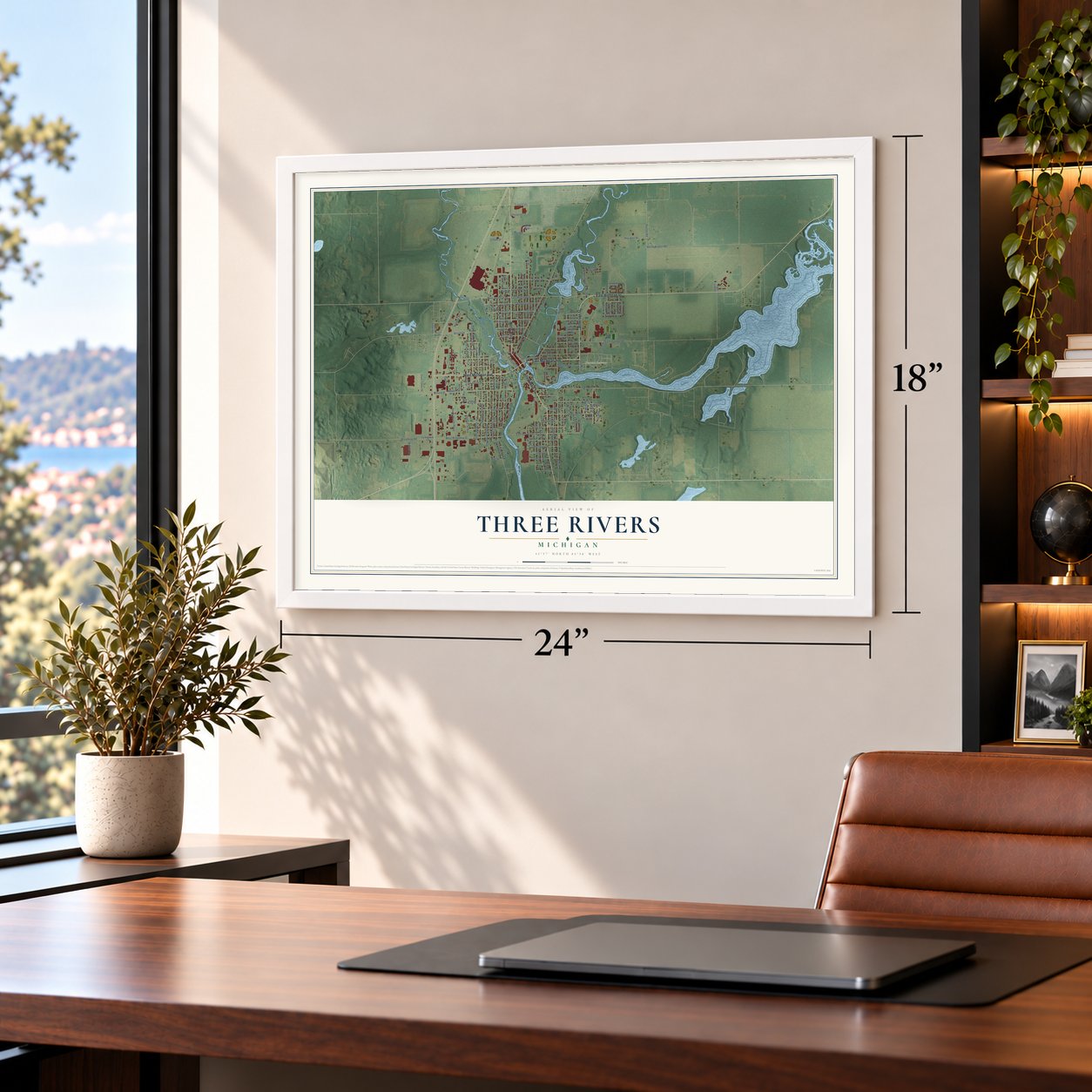 Three Rivers, Michigan map, 18 x 24 inch print in a white frame in a home office