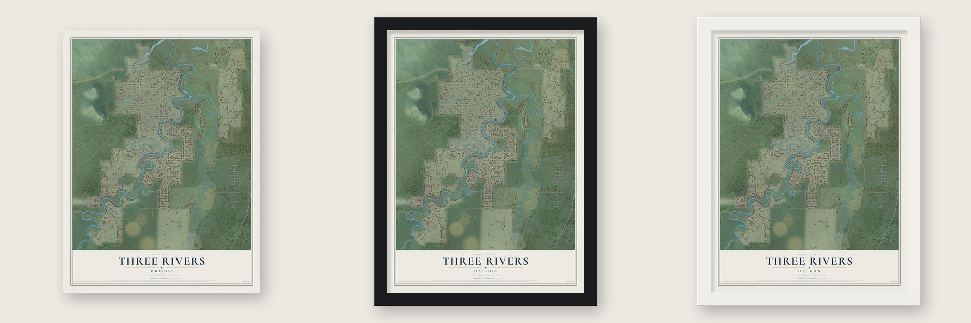 Three Rivers, Oregon map unframed, in a black wood frame and in a white wood frame