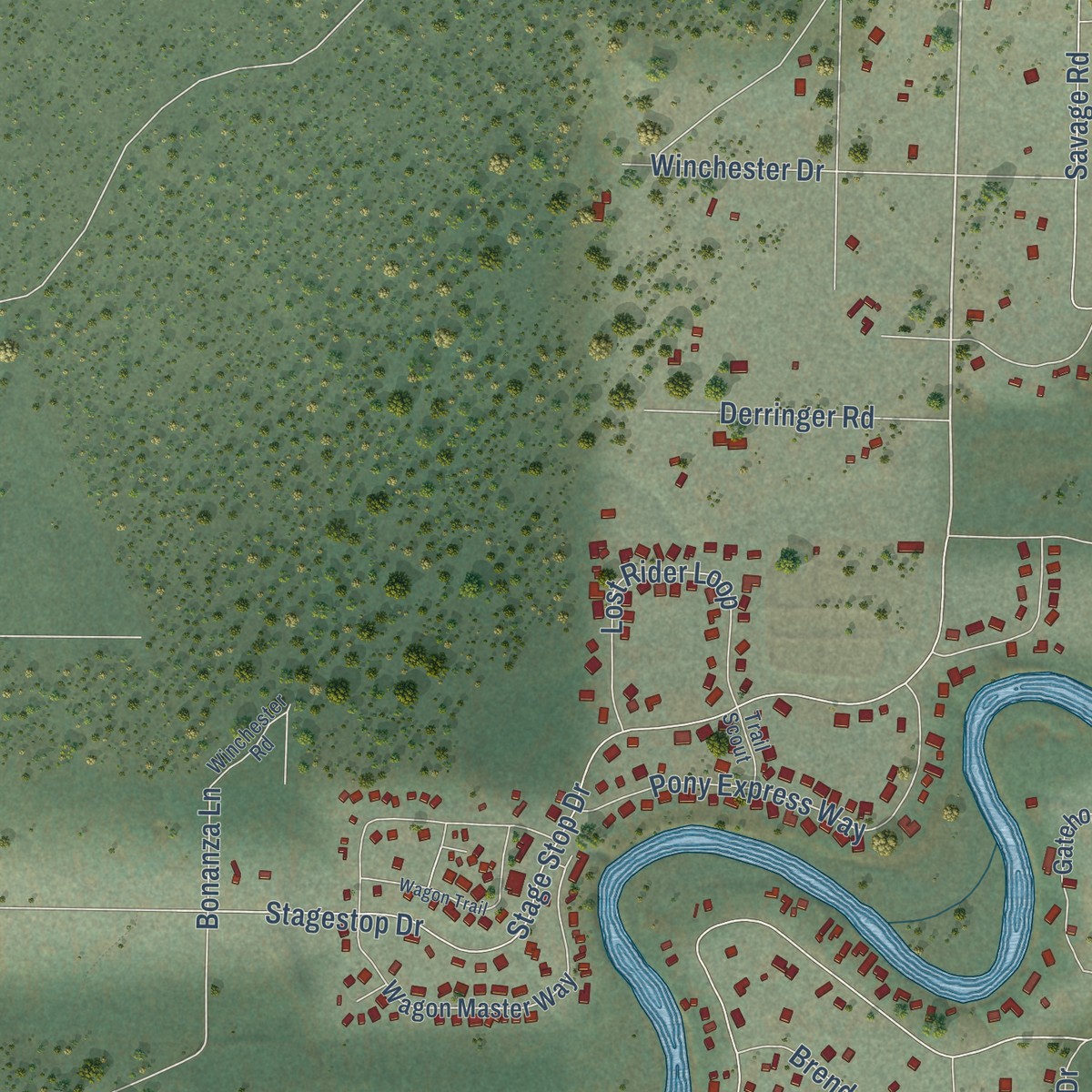 Second close-up of the map of Three Rivers, Oregon print showing more streets and buildings