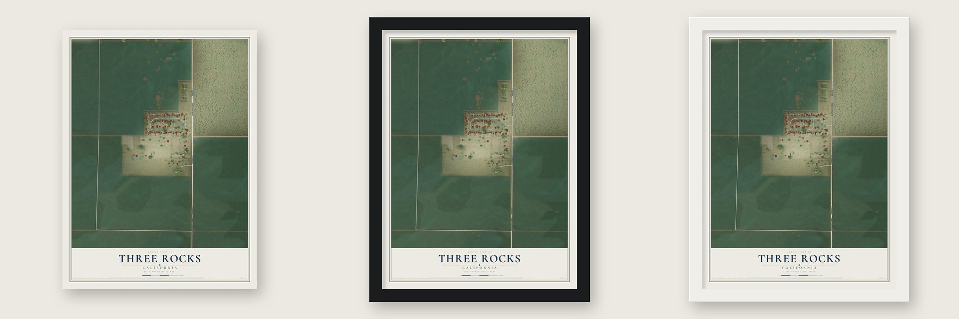 Three Rocks, California map unframed, in a black wood frame and in a white wood frame