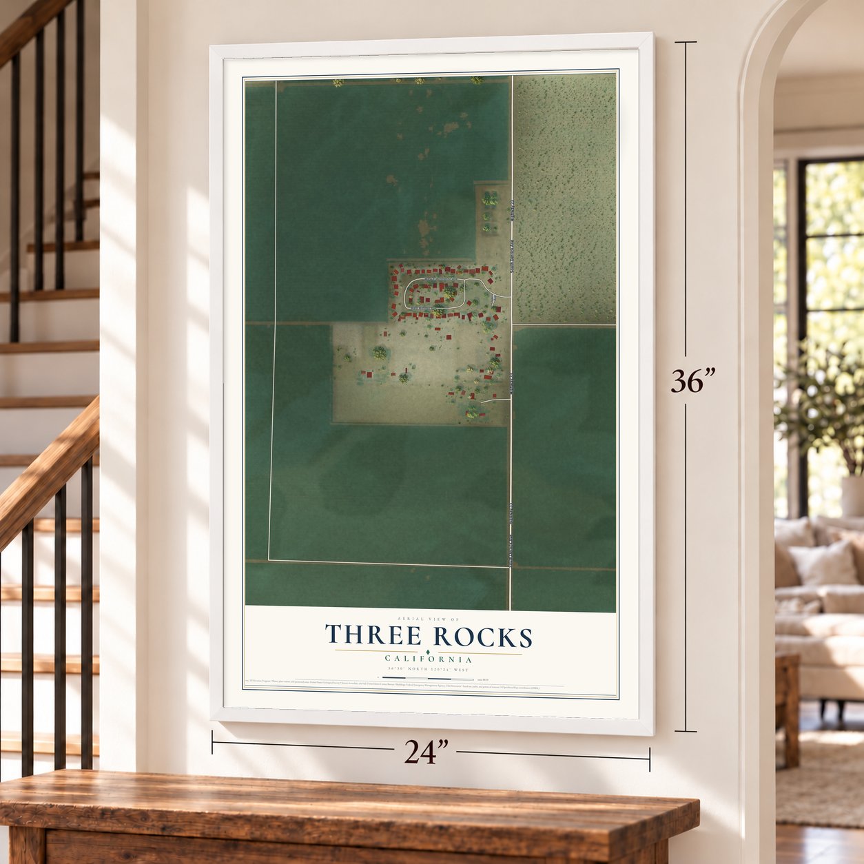 Three Rocks, California map, 24 x 36 inch print in a white frame by a staircase