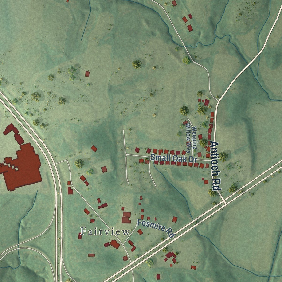 Second close-up of the map of Three Way, Tennessee print showing more streets and buildings