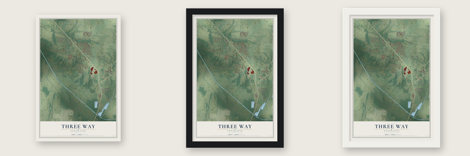 Three Way, Tennessee map unframed, in a black wood frame and in a white wood frame
