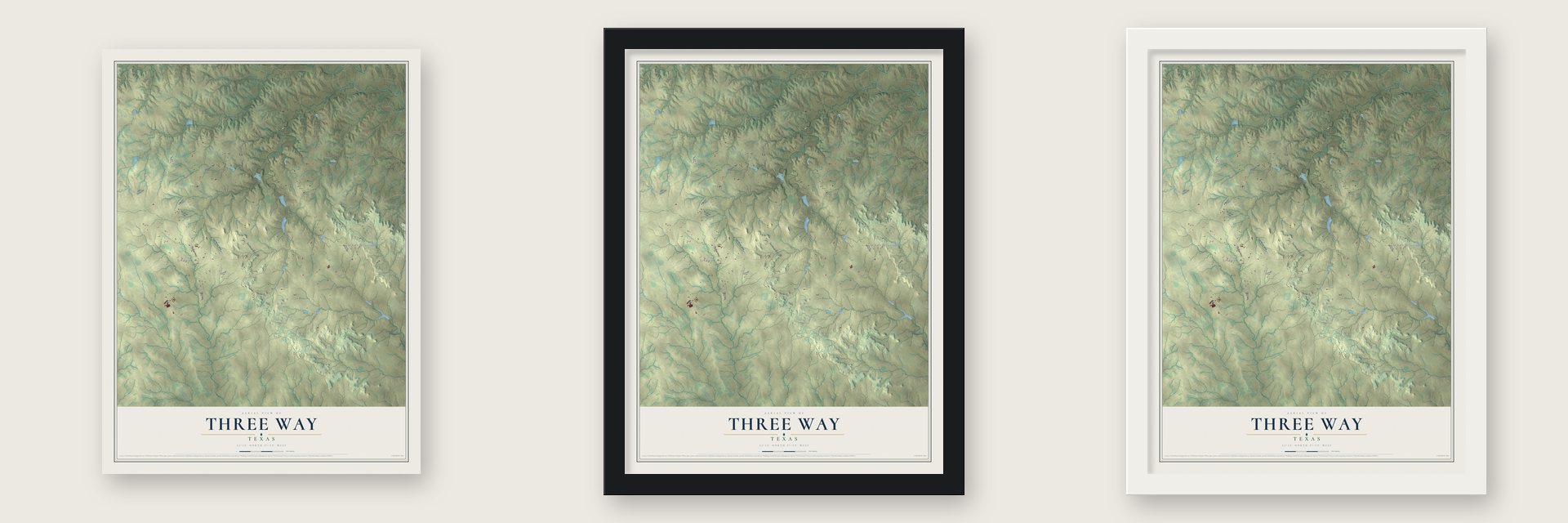 Three Way, Texas map unframed, in a black wood frame and in a white wood frame