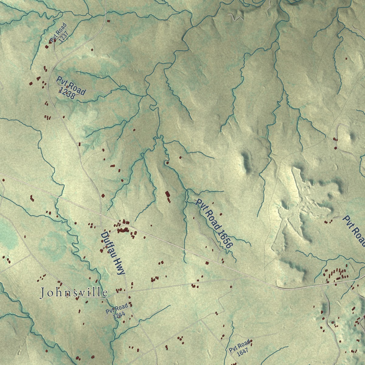Second close-up of the map of Three Way, Texas print showing more streets and buildings