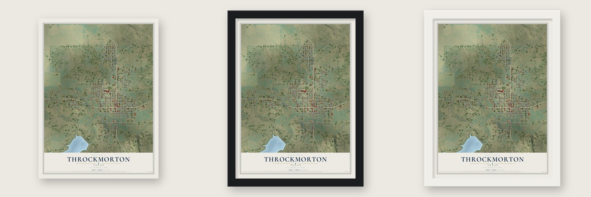 Throckmorton, Texas map unframed, in a black wood frame and in a white wood frame