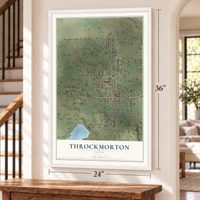 Throckmorton, Texas map, 24 x 36 inch print in a white frame by a staircase