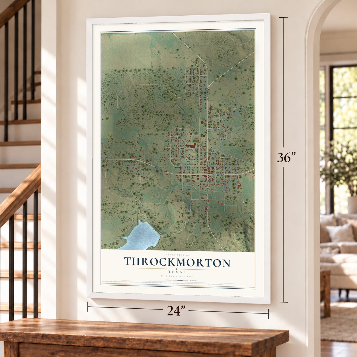 Throckmorton, Texas map, 24 x 36 inch print in a white frame by a staircase
