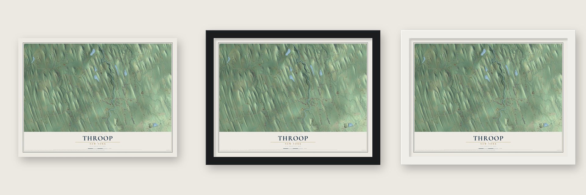 Throop, New York map unframed, in a black wood frame and in a white wood frame