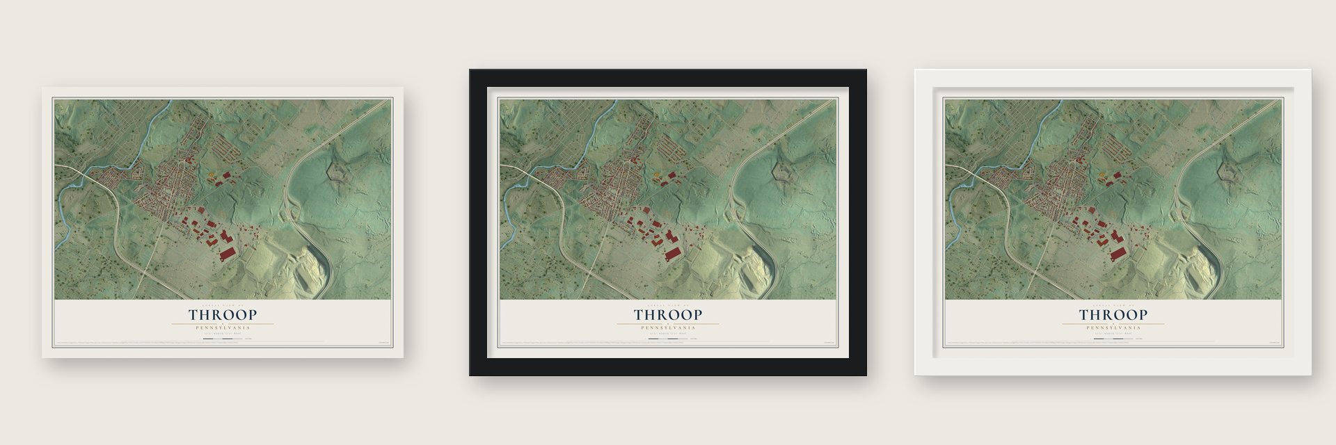 Throop, Pennsylvania map unframed, in a black wood frame and in a white wood frame