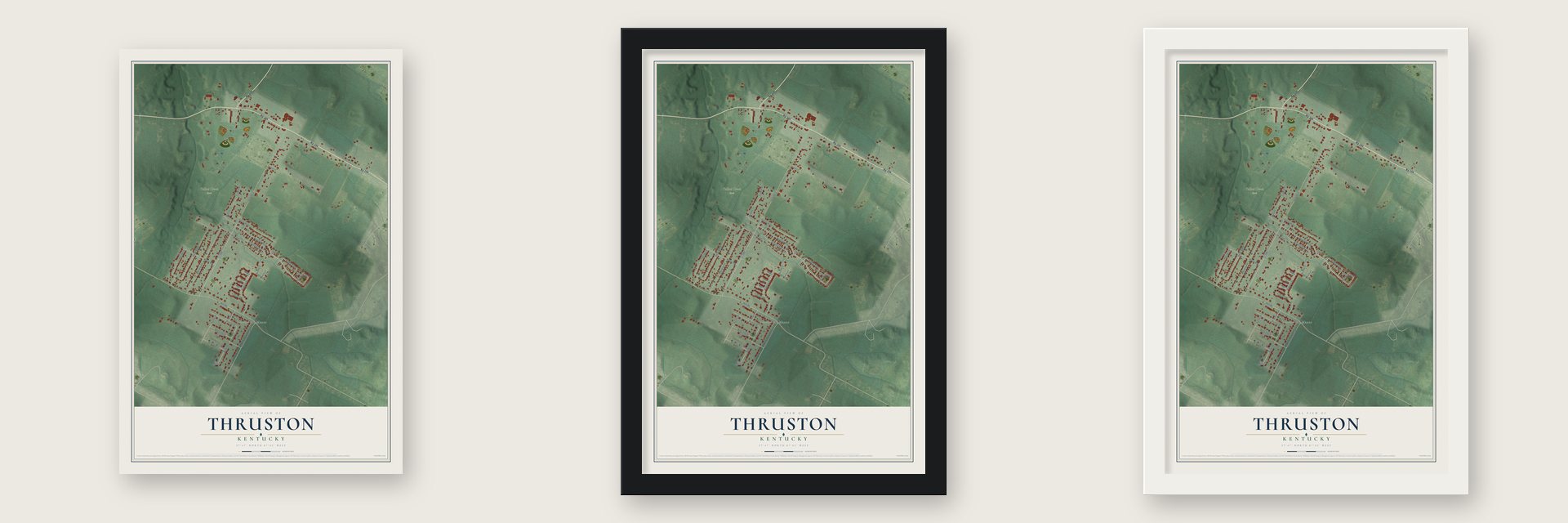 Thruston, Kentucky map unframed, in a black wood frame and in a white wood frame