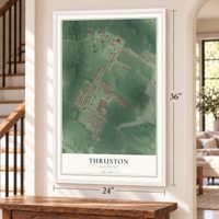 Thruston, Kentucky map, 24 x 36 inch print in a white frame by a staircase