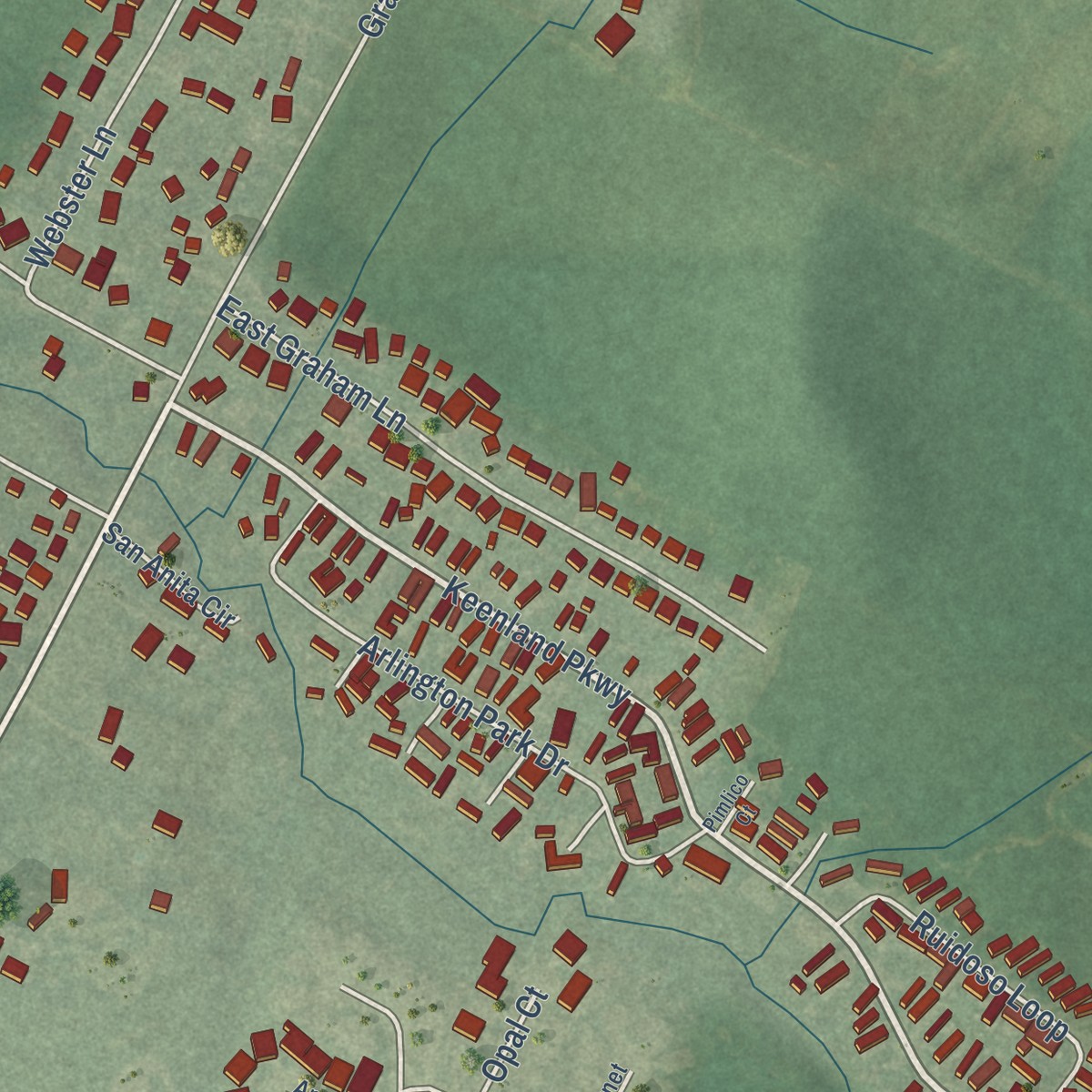Second close-up of the map of Thruston, Kentucky print showing more streets and buildings