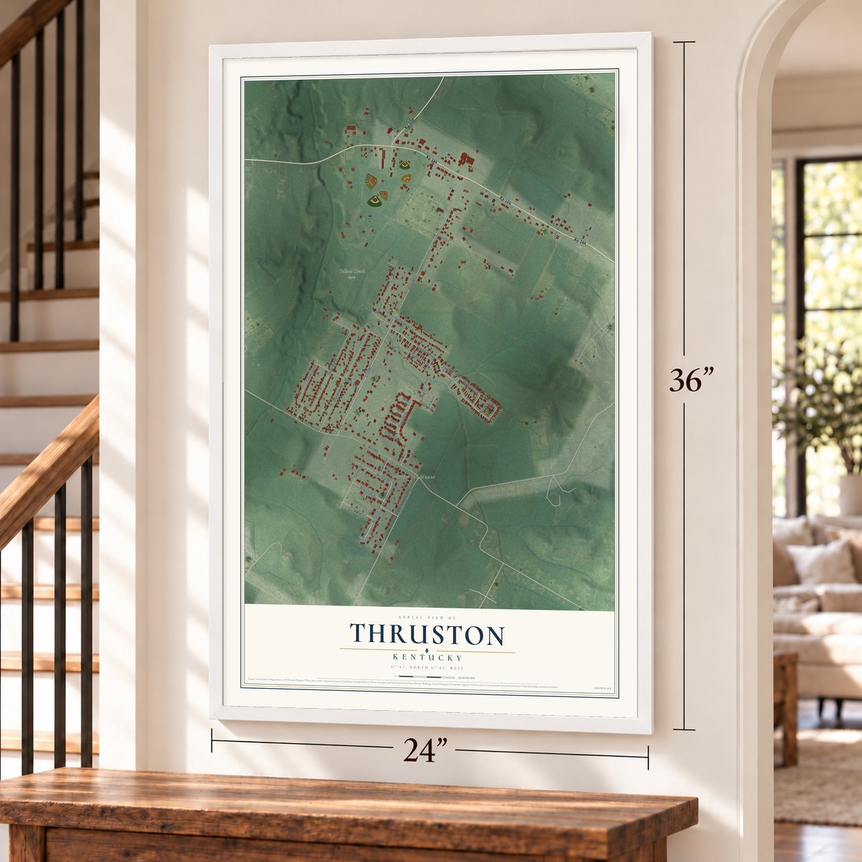 Thruston, Kentucky map, 24 x 36 inch print in a white frame by a staircase