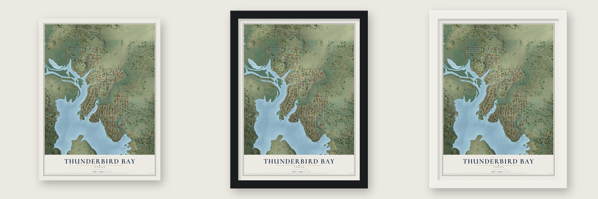 Thunderbird Bay, Texas map unframed, in a black wood frame and in a white wood frame