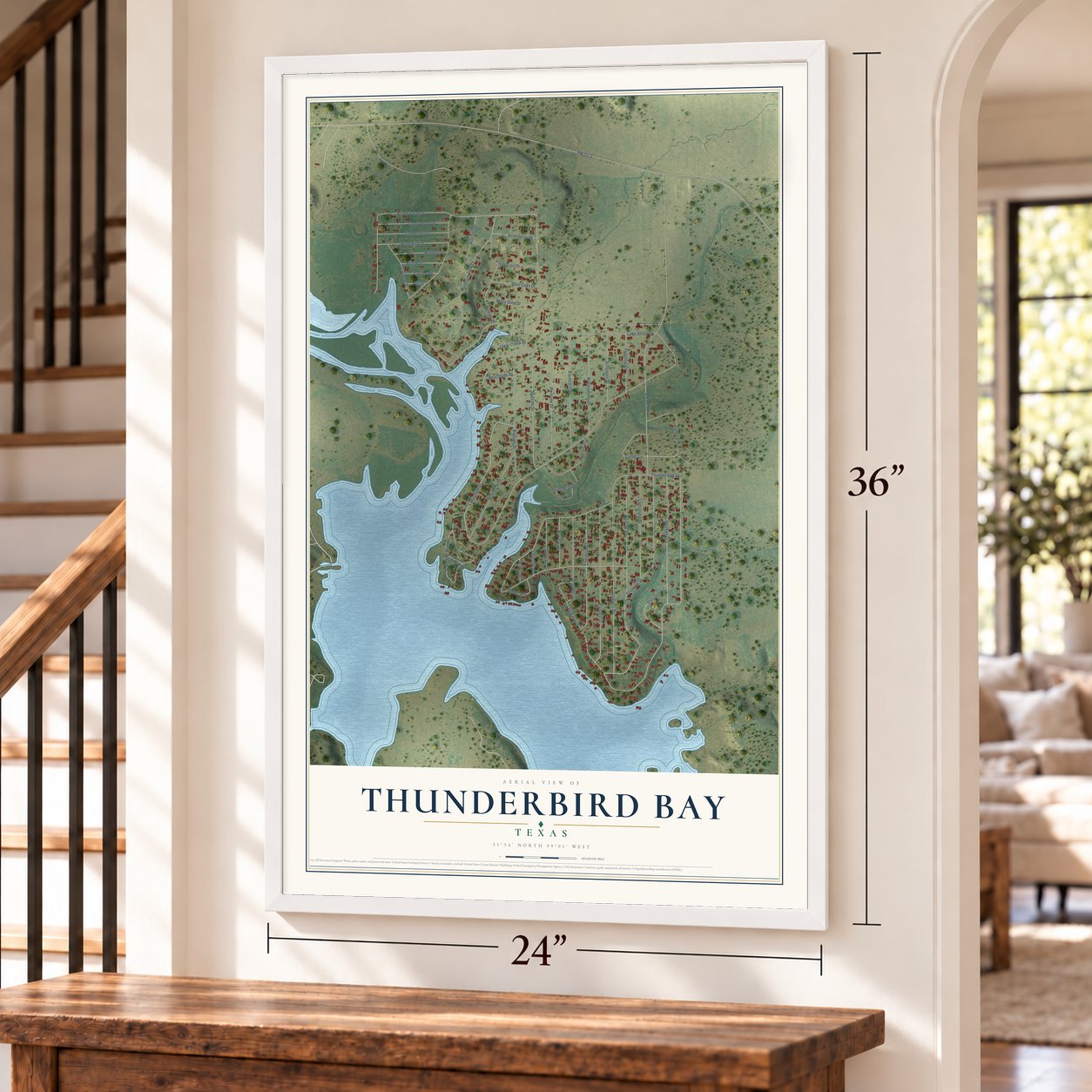Thunderbird Bay, Texas map, 24 x 36 inch print in a white frame by a staircase