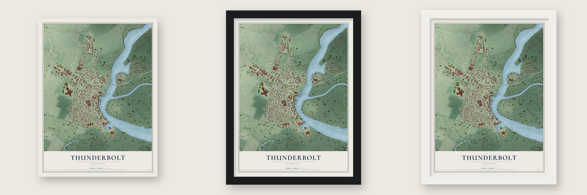 Thunderbolt, Georgia map unframed, in a black wood frame and in a white wood frame