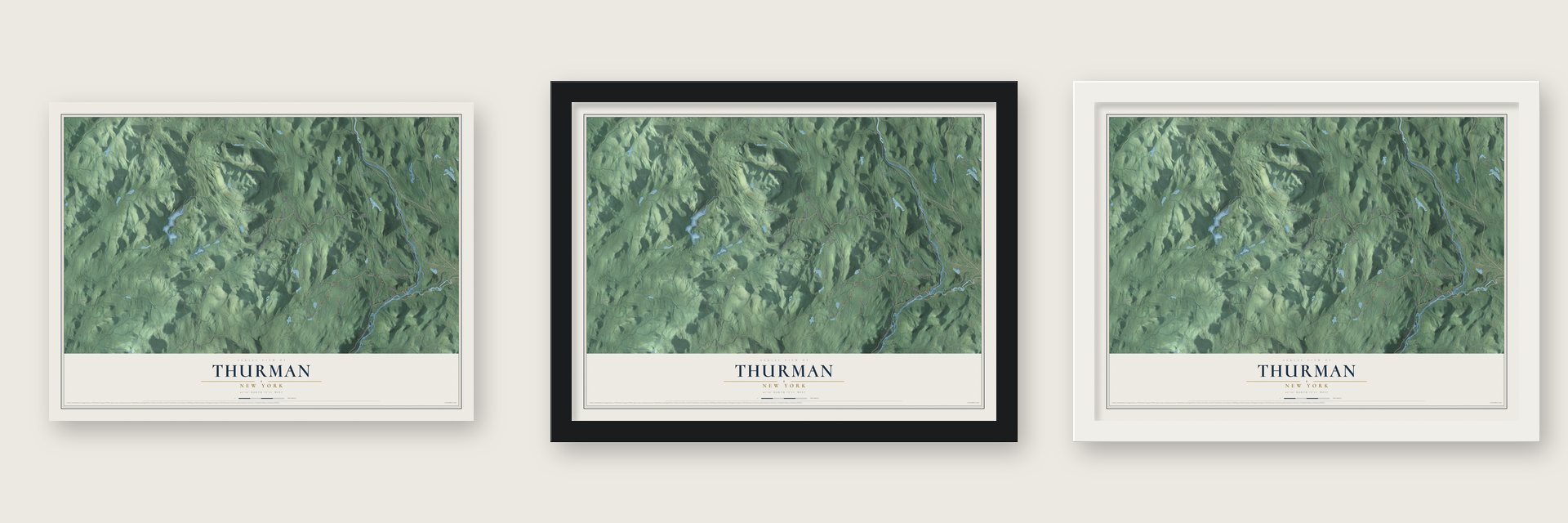 Thurman, New York map unframed, in a black wood frame and in a white wood frame