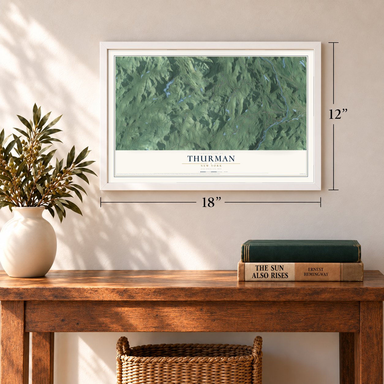 Thurman, New York map, 12 x 18 inch print in a white frame in an entryway