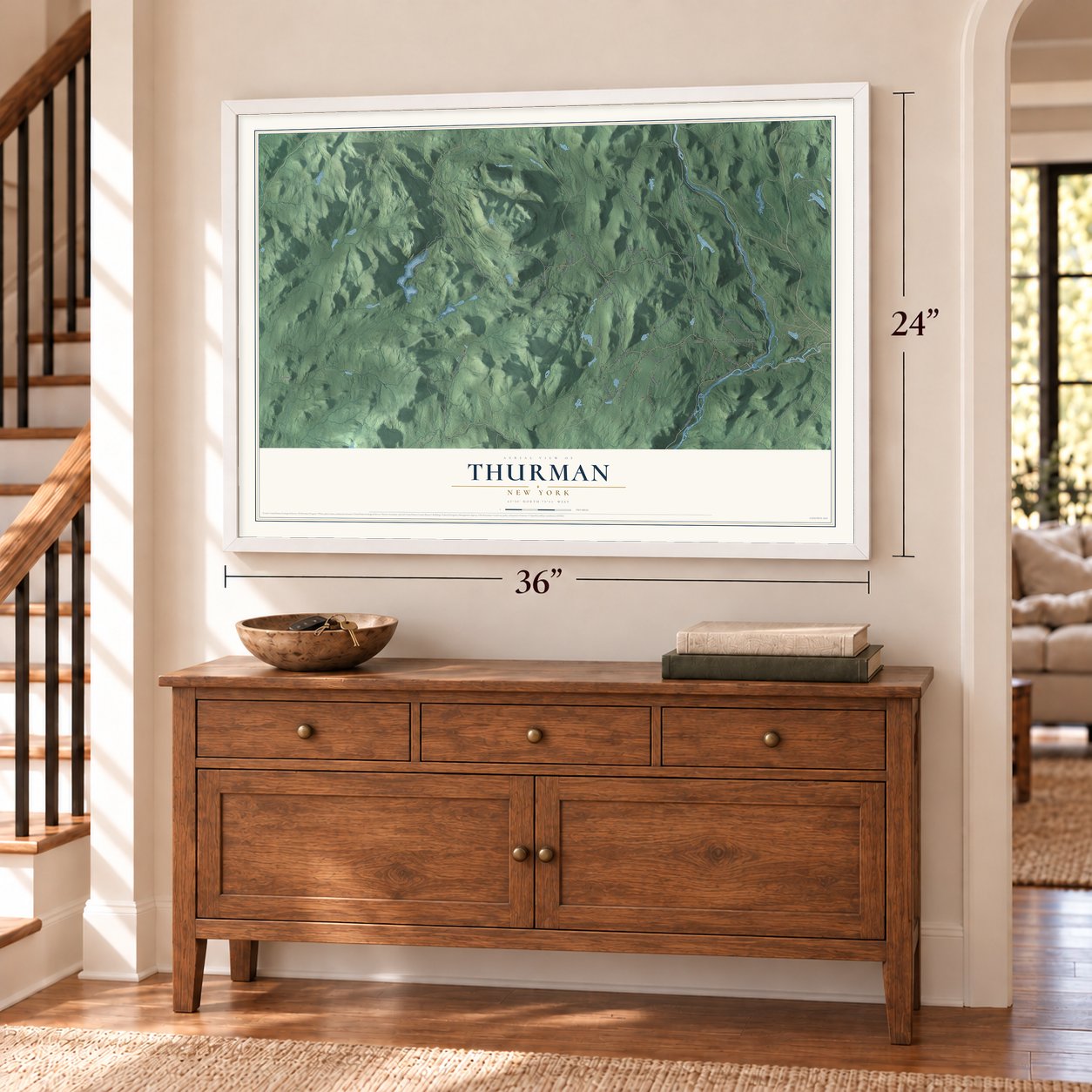 Thurman, New York map, 24 x 36 inch print in a white frame above a dresser by a staircase