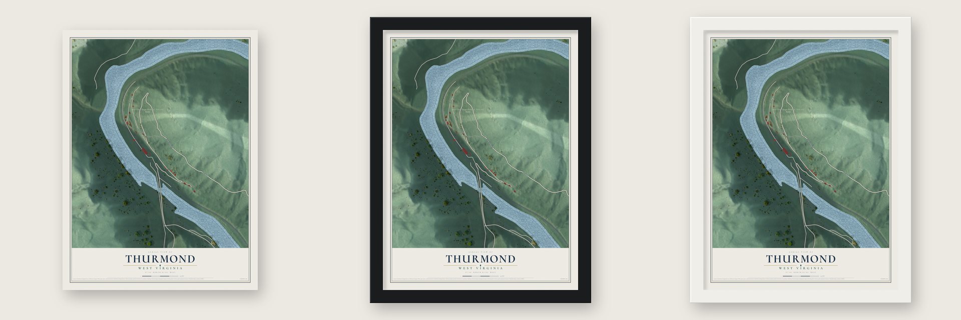 Thurmond, West Virginia map unframed, in a black wood frame and in a white wood frame