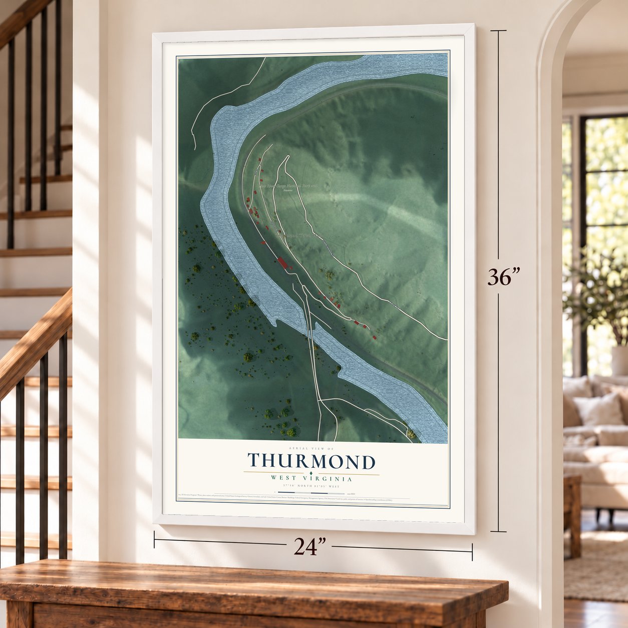 Thurmond, West Virginia map, 24 x 36 inch print in a white frame by a staircase