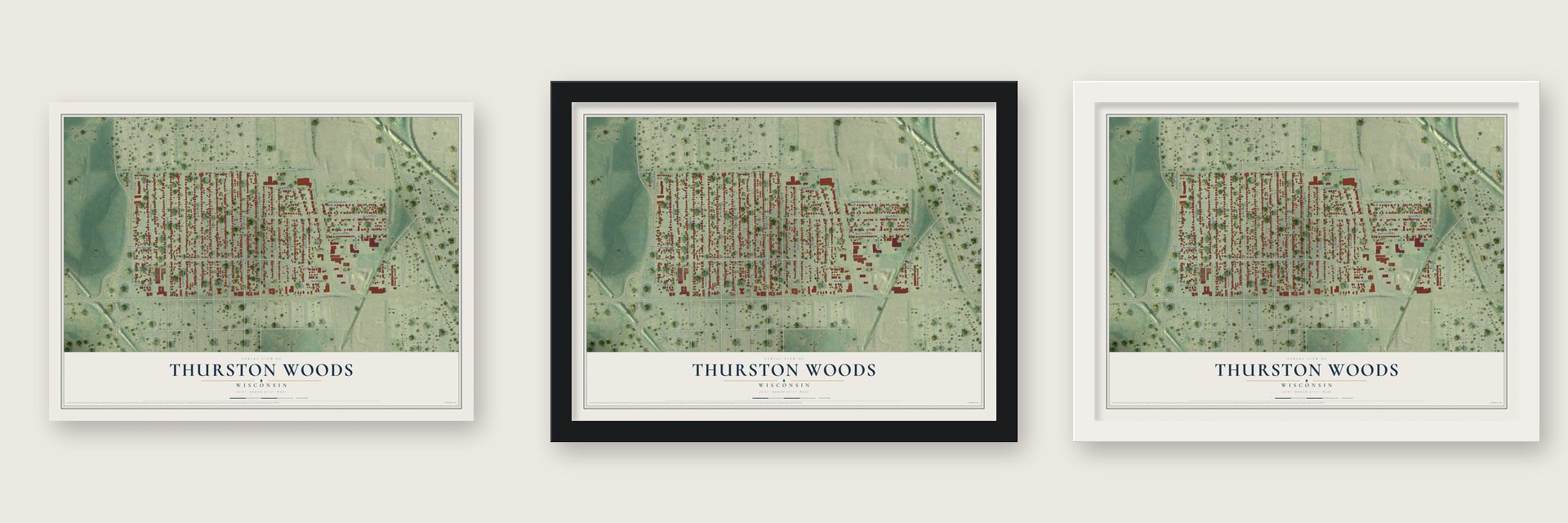 Thurston Woods, Wisconsin map unframed, in a black wood frame and in a white wood frame