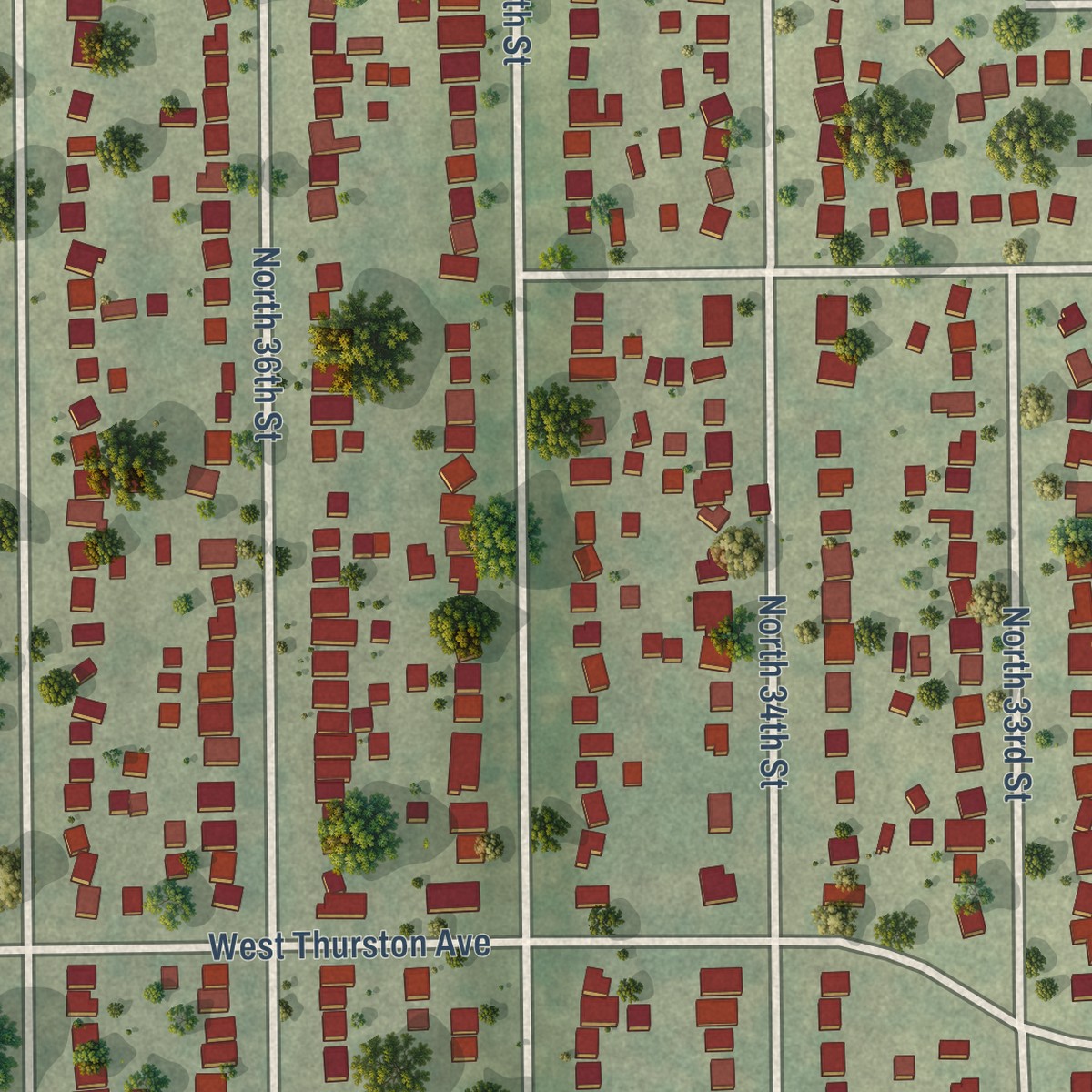 Second close-up of the map of Thurston Woods, Wisconsin print showing more streets and buildings