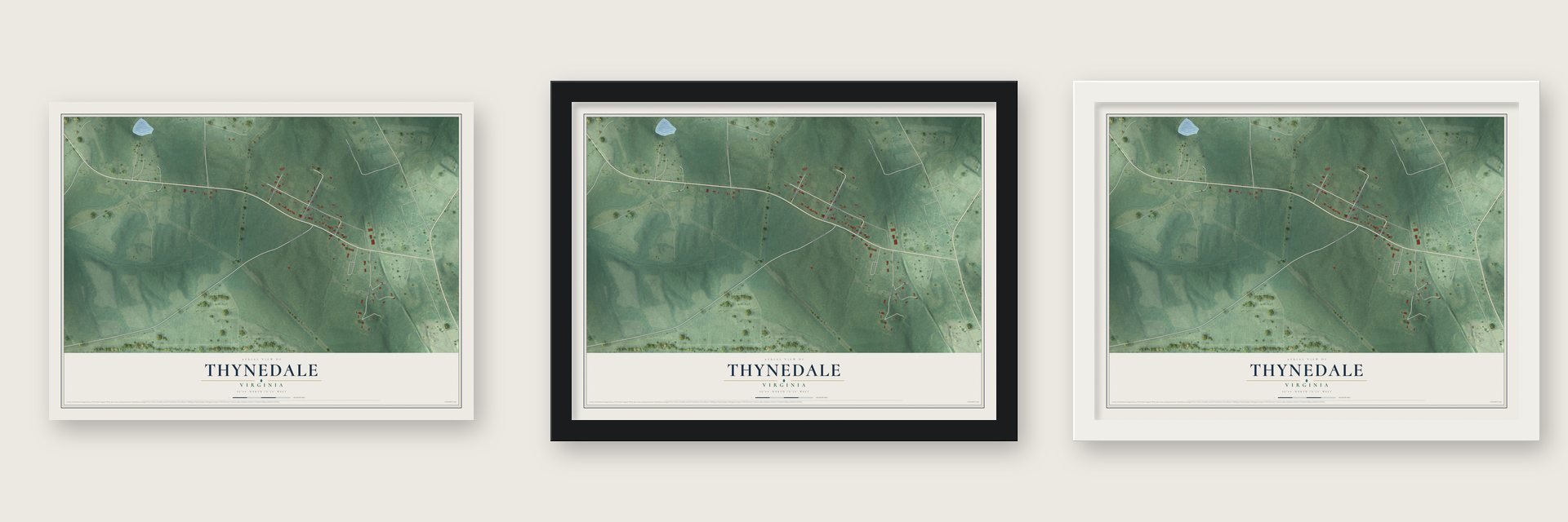 Thynedale, Virginia map unframed, in a black wood frame and in a white wood frame