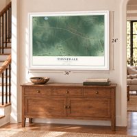 Thynedale, Virginia map, 24 x 36 inch print in a white frame above a dresser by a staircase