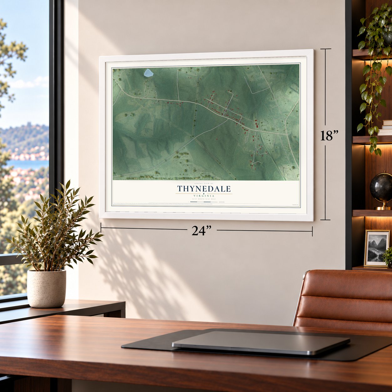 Thynedale, Virginia map, 18 x 24 inch print in a white frame in a home office